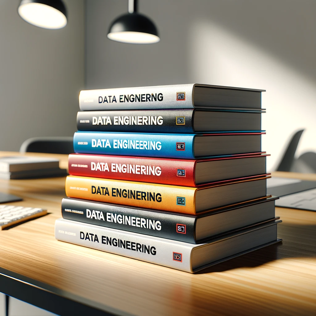 stack of data engineering books to read in 2024 on a desk.